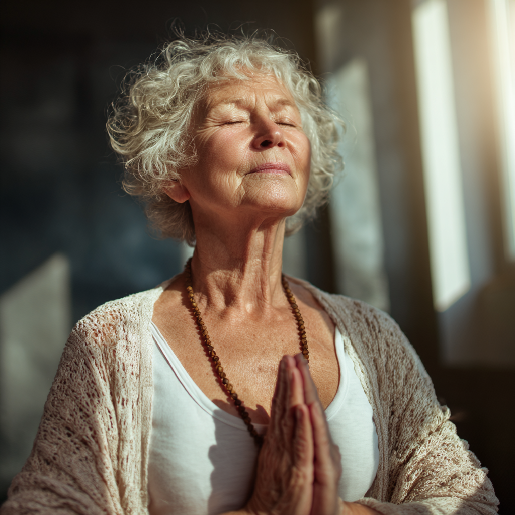 Smiling elderly European woman in comfortable yoga pose on a mat in a peaceful studio setting