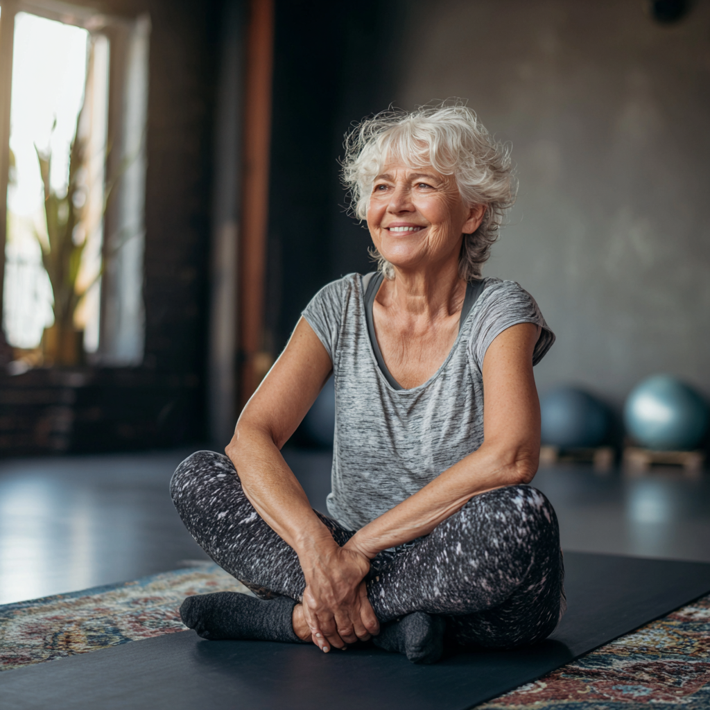 Peaceful elderly European man practicing breathing exercises in a serene outdoor environment